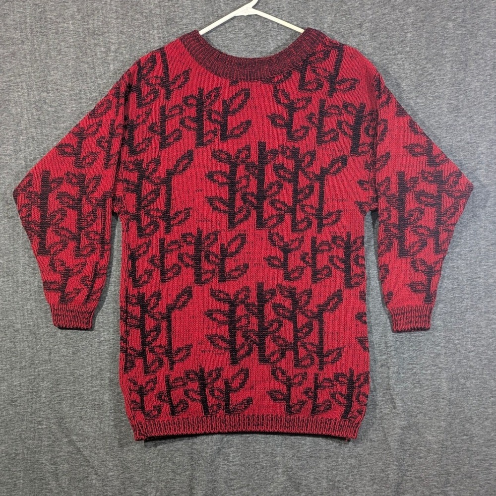 Vintage Kamd Red Black Graphic Leaf Knit Sweater Made in USA Size Small - Picture 1 of 8